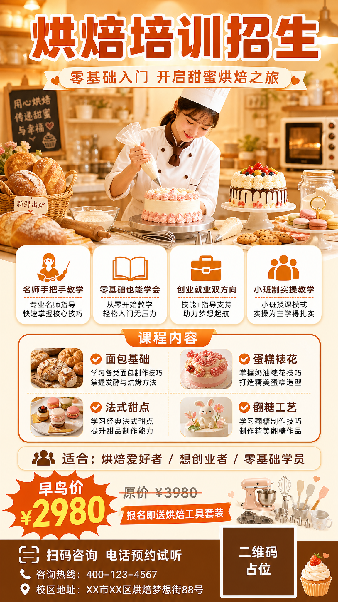 一张烘焙培训招生海报，竖版9:16比例，温馨治愈风格，暖橙色调… - 图片创意预览
