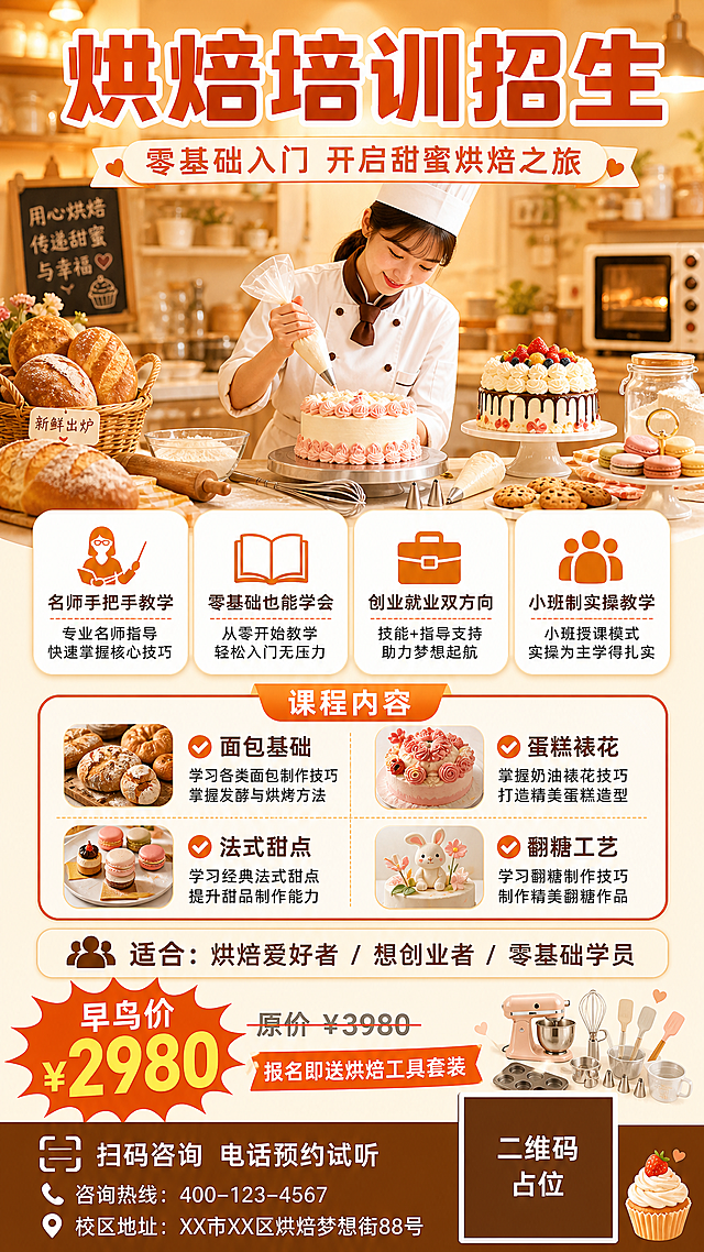 一张烘焙培训招生海报，竖版9:16比例，温馨治愈风格，暖橙色调。画面顶部是超大粗体主标题"烘焙培训招生"，下方副标题"零基础入门 开启甜蜜烘焙之旅"。主视觉区域是一位穿着白色厨师服的女烘焙师正在操作台前制作蛋糕，周围摆放着新鲜出炉的面包、裱花蛋糕、曲奇饼干和马卡龙，面粉、打蛋器、裱花袋等烘焙工具散落其间，暖黄色灯光从顶部洒下，营造温馨甜蜜的烘焙氛围。中部区域有4个圆角白底卡片横向排列，分别写着"名师手把手教学""零基础也能学会""创业就业双方向""小班制实操教学"，每个卡片配对应小图标。下方是课程内容模块，圆角信息卡片内分4项列出："面包基础""蛋糕裱花""法式甜点""翻糖工艺"，每项前有对勾图标。再下方是招生对象信息："适合：烘焙爱好者 / 想创业者 / 零基础学员"。价格区域用爆炸贴形式突出显示"早鸟价 ¥2980"，旁边灰色划线写着"原价 ¥3980"，下方小字"报名即送烘焙工具套装"。底部右侧是二维码占位符（纯色方块中央标注"二维码占位"文字），左侧写着"扫码咨询 电话预约试听"。整体配色以暖橙色、米黄色为主，搭配奶油白和深棕色点缀，版式精美，信息层级分明，充满甜蜜温馨的烘焙氛围。画面中所有信息区域必须填充完整合理的内容，不得出现空白框或待填写区域。画面中所有数字必须精确渲染，不得错位、遗漏或编造。