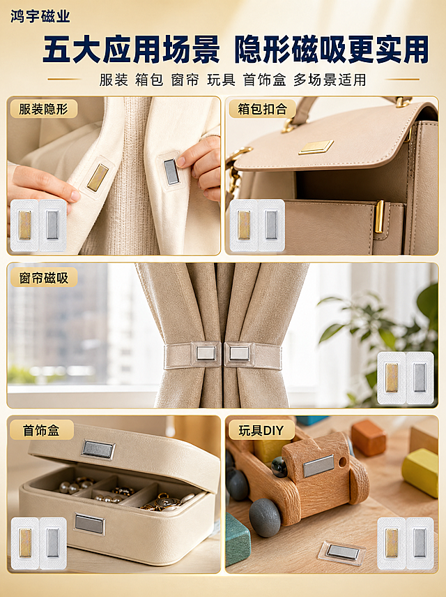 [商品] 使用【图1】【图3】PVC单面磁产品；保留透明PVC长方包胶+长方形银色/金色磁铁的完整外观和材质；产品自然融入场景，不悬浮。
[画面] 页面目标：五大应用场景展示，证明PVC单面磁适用范围广。五宫格拼图构图，上二中一下二布局，每个格子展示一个应用场景。上左：服装门襟隐形磁扣效果；上右：箱包开口磁吸扣合；中：窗帘对边磁吸固定特写；下左：首饰盒/收纳盒磁吸扣合；下右：玩具/手工DIY磁吸应用。每个场景角落都有一枚清晰的PVC单面磁产品作为参照。背景统一为米金色调。左上角文字"鸿宇磁业"。
[视觉] 套系策略：风格=蓝金工业品质风，源头工厂专业感；标题字=现代粗黑体，厚重有力；正文字=简洁无衬线体；主色=深蓝色+米金色；背景延展=米金色渐变，各场景有独立的柔和光影；强调色=浅金色，用于场景标签和分隔线；标题色=深蓝色；正文色=深灰色；组件=浅金色场景标签框、细分割线；光影=每个场景独立柔和自然光，产品融入场景有真实接触阴影。
[文字] 顶部深蓝色大字标题写"五大应用场景 隐形磁吸更实用"，副标题写"服装 箱包 窗帘 玩具 首饰盒 多场景适用"。五个场景各配一个浅金色标签：服装隐形、箱包扣合、窗帘磁吸、首饰盒、玩具DIY。标签文字横排，字号适中，不遮挡场景主体。
[规格] 图片比例3:4竖版，2K分辨率，避免变形、错字、文字过小、产品悬浮、穿模、场景不真实、水印、平台Logo。