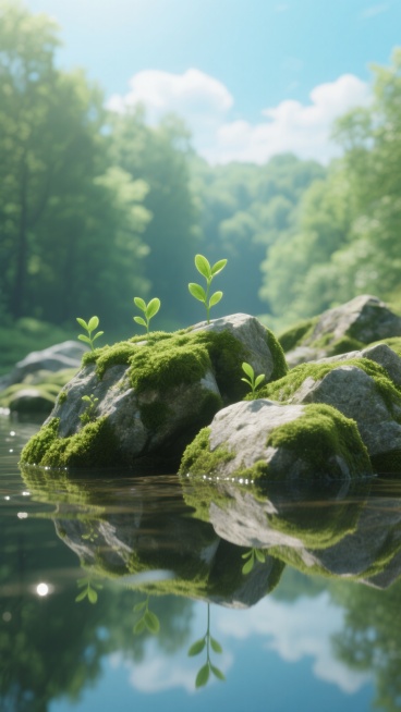 一幅展现宁静自然户外场景的画面，采用超写实的3D渲染风格，整体色调以清新明亮的蓝绿色为主，天空呈现淡蓝色并点缀着几缕柔和的白云。画面中央是一片覆盖着翠绿苔藓的岩石群，岩石表面纹理清晰可见，几株嫩绿的新芽从石缝中探出，展现出生机勃勃的景象。岩石下方是平静如镜的水面，清晰地倒映出岩石、苔藓、新芽以及天空的景象，水面上有轻微的波纹和光斑闪烁。背景是虚化的绿色树林，营造出层次感和纵深感，整体光影柔和，……预览效果