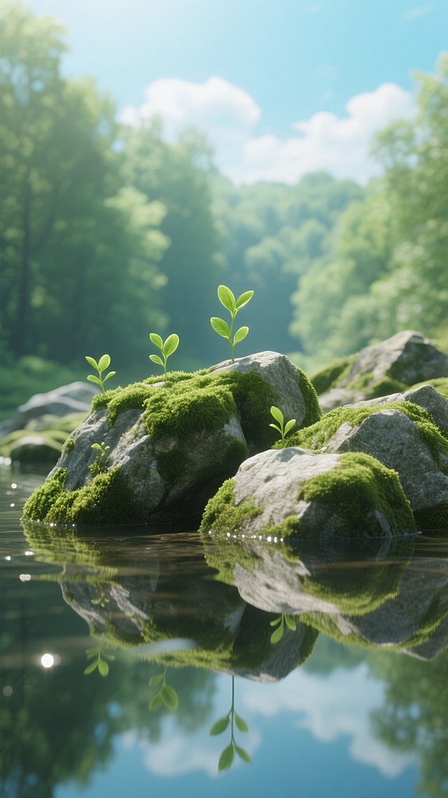 一幅展现宁静自然户外场景的画面，采用超写实的3D渲染风格，整体色调以清新明亮的蓝绿色为主，天空呈现淡蓝色并点缀着几缕柔和的白云。画面中央是一片覆盖着翠绿苔藓的岩石群，岩石表面纹理清晰可见，几株嫩绿的新芽从石缝中探出，展现出生机勃勃的景象。岩石下方是平静如镜的水面，清晰地倒映出岩石、苔藓、新芽以及天空的景象，水面上有轻微的波纹和光斑闪烁。背景是虚化的绿色树林，营造出层次感和纵深感，整体光影柔和，阳光从上方照射下来，给画面带来温暖明亮的氛围，传递出宁静、祥和、充满生机的感觉。