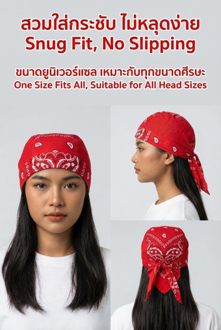 2:3 竖屏，TikTok Shop 泰国站详情页第三屏，严格还原上传的产品图（红色腰果花印花海盗头巾帽，头部包裹区约 28cm×20cm，尾部系带长度约 35cm，尺寸比例保持 1:1，包括包装设计预览效果