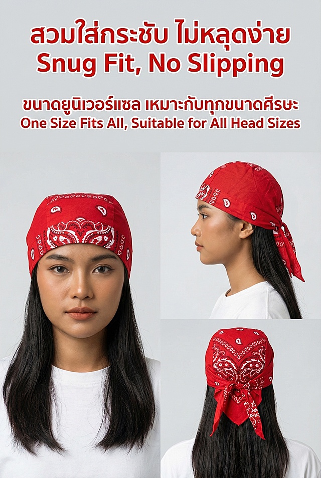 2:3 竖屏，TikTok Shop 泰国站详情页第三屏，严格还原上传的产品图（红色腰果花印花海盗头巾帽，头部包裹区约 28cm×20cm，尾部系带长度约 35cm，尺寸比例保持 1:1，包括包装设计、颜色、LOGO 位置、文字内容、图案元素等所有细节），画面主体为东南亚年轻女性模特（20-25 岁，泰国本土长相，健康小麦色皮肤，潮流穿搭）佩戴该头巾帽的三角度拼接展示（正面、侧面、背面，每个角度清晰展示产品佩戴效果），背景为浅灰色极简背景，主标题为泰文 + 英文双语：泰文 "สวมใส่กระชับ ไม่หลุดง่าย"，英文 "Snug Fit, No Slipping"，副标题为泰文 "ขนาดยูนิเวอร์แซล เหมาะกับทุกขนาดศีรษะ"，英文 "One Size Fits All, Suitable for All Head Sizes"，文字采用粗体无衬线字体，泰文在上英文在下，顶部居中排版，文字颜色为正红色，带 1px 白色描边，整体设计风格为街头潮流风 + 东南亚年轻审美，画面高清 8K，光影自然，产品细节清晰，色彩鲜艳饱和，构图均衡，突出产品佩戴贴合度，统一高级感，无割裂感。负面提示词：产品变形，尺寸比例错误，图案模糊，颜色偏差，模特非东南亚长相，文字错误 / 乱码，排版混乱，背景杂乱，画面模糊，低分辨率，光影失真，产品细节丢失，LOGO 错误，文字遮挡产品，割裂感，土气，low 感，佩戴效果不自然，透视错误。