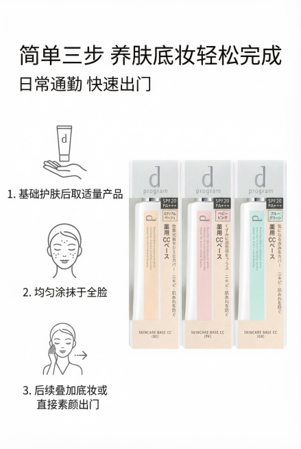 日系极简高级感排版，白色背景，分三栏展示使用步骤：1. 基础护肤后取适量产品；2. 均匀涂抹于全脸；3. 后续叠加底妆或直接素颜出门，步骤图标与文字左对齐排版，主标题"简单三步 养肤底妆轻松完成"，副预览效果