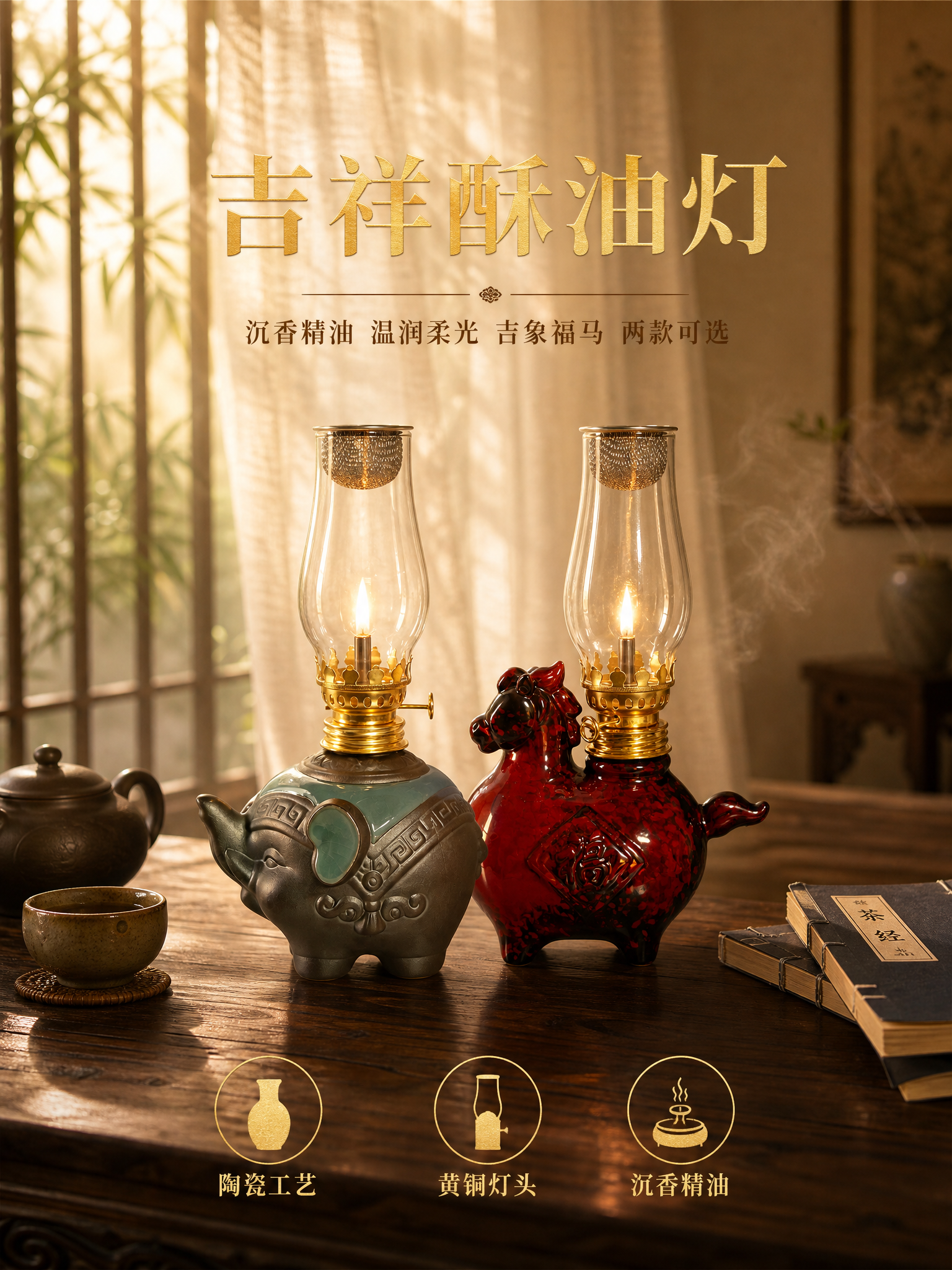详情页头图竖版3:4。两款酥油灯并排陈列在新中式茶室的深胡桃木… - 图片创意预览
