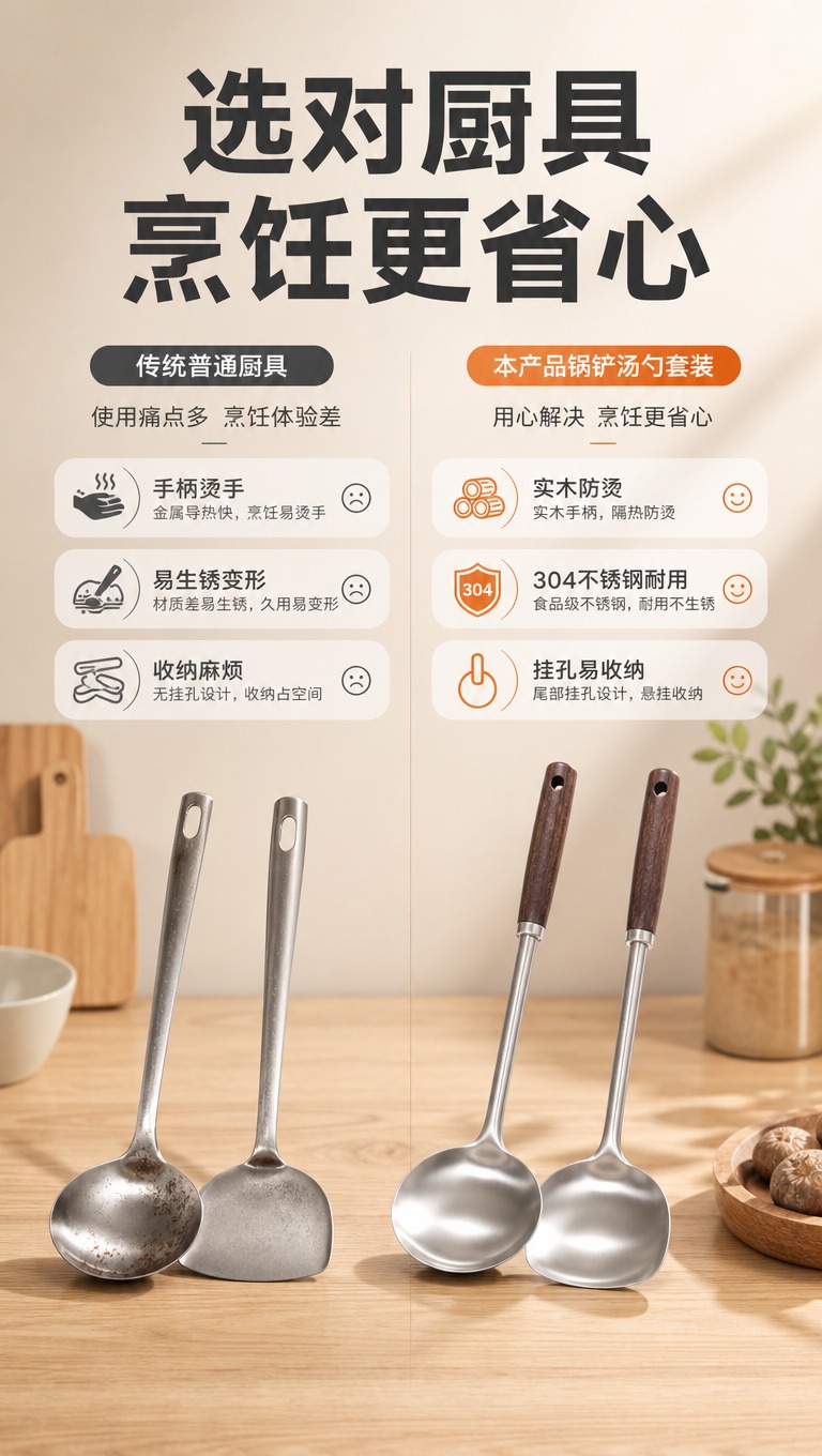 [商品] 使用【图1】304不锈钢木柄锅铲汤勺套装；保留产品结… - 图片创意预览