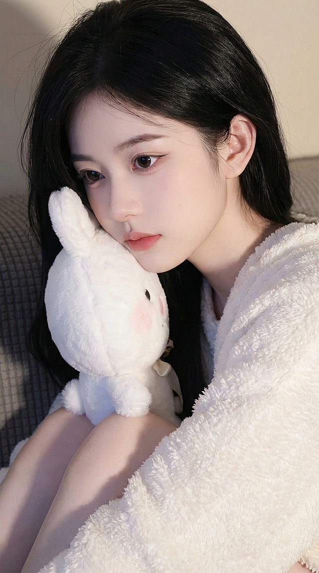 人物形象不变  生成下列13张描述的照片                                                                                                                      照片1： 特写抓拍，捕捉初醒瞬间。女孩从玩偶肩头微微抬头，睡眼惺忪，眼神迷茫地望向镜头，一缕长发粘在脸颊。柔和侧逆光勾勒出面部绒毛，捕捉到刚从慵懒中苏醒的、毫无防备的动人表情。

照片2： 中景抓拍，伸展的慵懒。她向后伸展双臂，身体自然舒展成一道优美的弧线，头颈后仰，眼睛舒服地眯起，嘴角带着一丝无意识的微笑。像一只伸懒腰的猫，整个画面充满松弛感与动态张力。

照片3： 低角度抓拍，互动瞬间。镜头从下方微微仰拍。女孩双手将兔子玩偶举高，低头与它“对视”，表情俏皮又充满爱怜，嘴唇微嘟，仿佛正要和玩偶说悄悄话。身体动作形成了亲密的互动框架。

照片4： 过肩视角抓拍，沉浸的一刻。镜头从女孩身后侧方拍摄，焦点在她贴着玩偶的侧脸上。她闭着眼，用鼻尖温柔地轻蹭玩偶，表情沉醉而宁静，肢体动作传递出全然的依赖与亲密感。

照片5： 动态抓拍，突然的回眸。仿佛听到有人呼唤，她抱着玩偶快速转向镜头，长发随之飘散。眼神清澈明亮，带着一丝惊讶和好奇，嘴巴微微张开。身体扭转的动态和瞬间定格的表情极具故事性。

照片6： 近距离抓拍，绽放的笑颜。镜头推进，捕捉她突然绽开的灿烂笑容，眼睛弯成月牙，露出牙齿，整个面部被喜悦点亮。动作可以是抱着玩偶微微前倾，仿佛正向镜头分享快乐，感染力十足。

照片7： 俯拍抓拍，俏皮的互动。从上方向下拍摄，她仰躺或侧卧在地，将玩偶举在脸的上方，与它“鼻子碰鼻子”，表情淘气又甜蜜。这个角度突出了她灵动的眼神和亲昵的肢体语言。

照片8： 局部特写抓拍，情感的触碰。焦点对准她的手部动作：手指正轻轻地、若有所思地梳理着兔子玩偶的耳朵或绒毛。另一只手托着脸颊，表情温柔专注，传递出细腻的内心情感。

照片9： 全景抓拍，舒展与放松。她跪坐或侧坐，身体向后靠，双臂向后支撑，仰头感受光线。表情放松，眼睛可能闭着或望向远方，享受独处的宁静时刻。身体线条舒展，构图充满呼吸感。

照片10： 动态模糊抓拍，瞬间的嬉戏。运用轻微的运动模糊。她正笑着将脸埋进玩偶怀里，或快速躲向玩偶身后，留下一个动态的、欢快的残影。重点捕捉动作的趋势和洋溢的快乐情绪。

照片11： 正面特写抓拍，情绪的沉淀。激情过后，她安静下来，额头轻抵着玩偶，双眼凝视前方某处，眼神放空，带着淡淡的思绪或温柔。表情平静而深邃，仿佛沉浸在回忆或幻想中。

照片12： 创意视角抓拍，梦幻的私语。镜头透过玩偶（或以其为前景虚化）拍摄女孩。她凑近镜头，手指轻点嘴唇，做出“嘘”的俏皮表情，仿佛在与观众分享一个秘密。视角独特，增强代入感和趣味性。

照片13： 落幕抓拍，慵懒的归宿。她侧身蜷缩，将玩偶紧紧搂在怀中，脸颊贴着它，身体语言充满安全感和依恋。眼睛半阖，即将入睡，表情是全然放松的满足与恬静。光线柔和，为系列画上温柔句号。