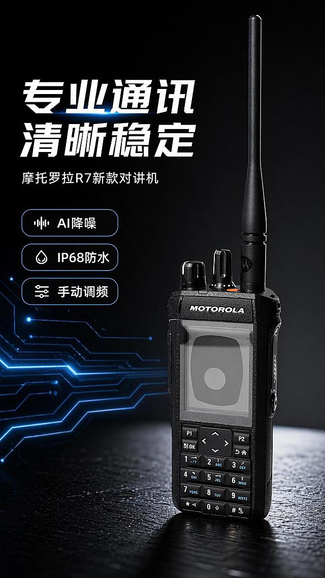 [第1屏] 详情页头图-摩托罗拉R7新版本对讲机新品宣传，本屏使用【图1】作为商品主体。
[氛围/风格] 专业深色科技风，商务质感，商业高清摄影，科技感十足。
[元素布局] 摩托罗拉R7对讲机位于画面右侧，占比约70%；左侧预留文案区域，背景点缀蓝色发光电路线条，保证对讲机机身结构、按键、天线、logo位置和颜色与输入产品图完全一致。
[光影质感] 左侧主光源打亮机身，右侧自然柔和投影，机身按键和屏幕保留清晰高光，整体明暗层次分明。
[配色色系] 全局底色 #1A1A1A；主色深灰黑；辅助色浅蓝色科技线条，白色文字。
[视角构图] 正面微仰视视角，产品为绝对视觉中心，阅读动线从上到下，从左到右。
[文字版式] 版式为左文案区+右产品展示。顶部主标题「专业通讯 清晰稳定」，副标题「摩托罗拉R7新款对讲机」；下方排列三个卖点胶囊标签「AI降噪」「IP68防水」「手动调频」，文字不遮挡产品主体，字号清晰适配移动端阅读。
[比例分辨率] 9:16竖版比例，4K分辨率，文字清晰可辨，高清画质。
[负向提示词] 机身变形，缺件错件，颜色偏差，水印，文字错乱，产品图模糊，结构错误。