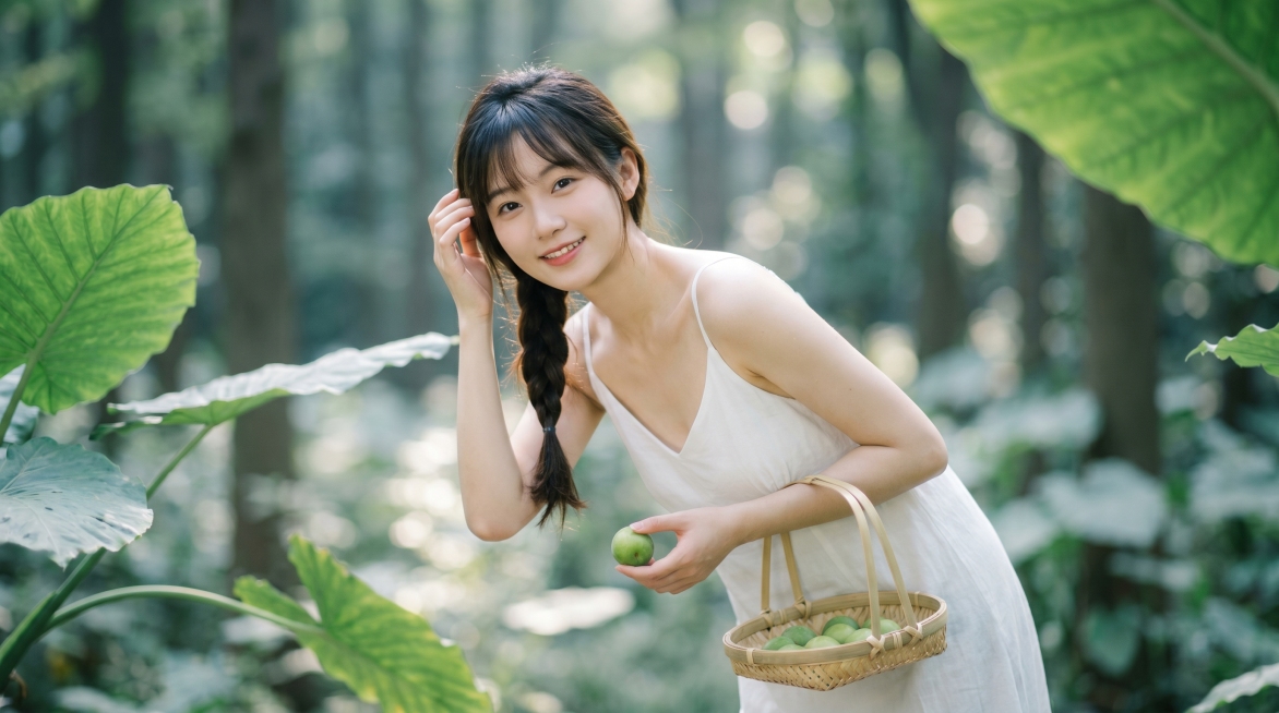 日系清新森系胶片人像，空气齐刘海黑长侧麻花东亚少女，浅淡伪素颜，温柔甜笑看向镜头；身穿简约纯白色细吊带垂感宽松长裙，身体微微前倾，一只手轻撩耳边发丝，另一只手捏一颗青青梅，手拎小型竹编提篮，篮中盛放多预览效果