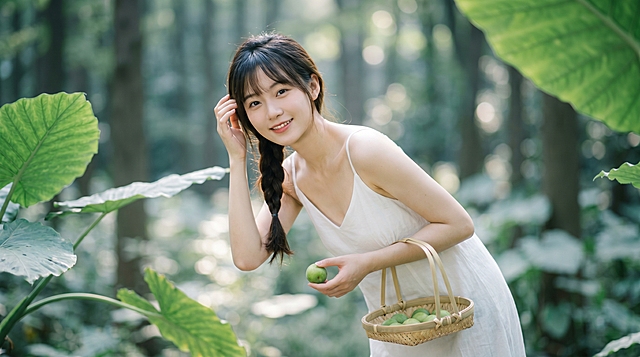日系清新森系胶片人像，空气齐刘海黑长侧麻花东亚少女，浅淡伪素颜，温柔甜笑看向镜头；身穿简约纯白色细吊带垂感宽松长裙，身体微微前倾，一只手轻撩耳边发丝，另一只手捏一颗青青梅，手拎小型竹编提篮，篮中盛放多颗青青梅；头顶垂落大片鲜绿色树叶形成天然画框，背景层层叠叠朦胧翠绿树林；柔和林间漫射柔光，通透冷调绿意，叶片细碎光斑，柔和皮肤轮廓光；浅景深虚化背景绿植，复古轻微胶片颗粒，奶油通透冷白皮，清透低饱和绿调调色，初夏清冷治愈森系氛围，8K 超清，佳能 5D4，85mm f1.4 大光圈，柔化散景，竖版构图，柔和淡阴影，画面干净通透清冷，浅景深虚化背景，冷调低饱和调色，16:9
