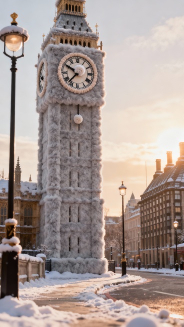 地标建筑钟楼毛绒化，墙体裹着浅灰色蓬松绒，钟面边框是毛绒刺绣，指针顶端缀着毛绒装饰，周围是毛绒化的街道与路灯，冬日暖阳洒下，整体软萌治愈，无违和感，商用城市暖冬海报，8K 超高清，Photoreali预览效果