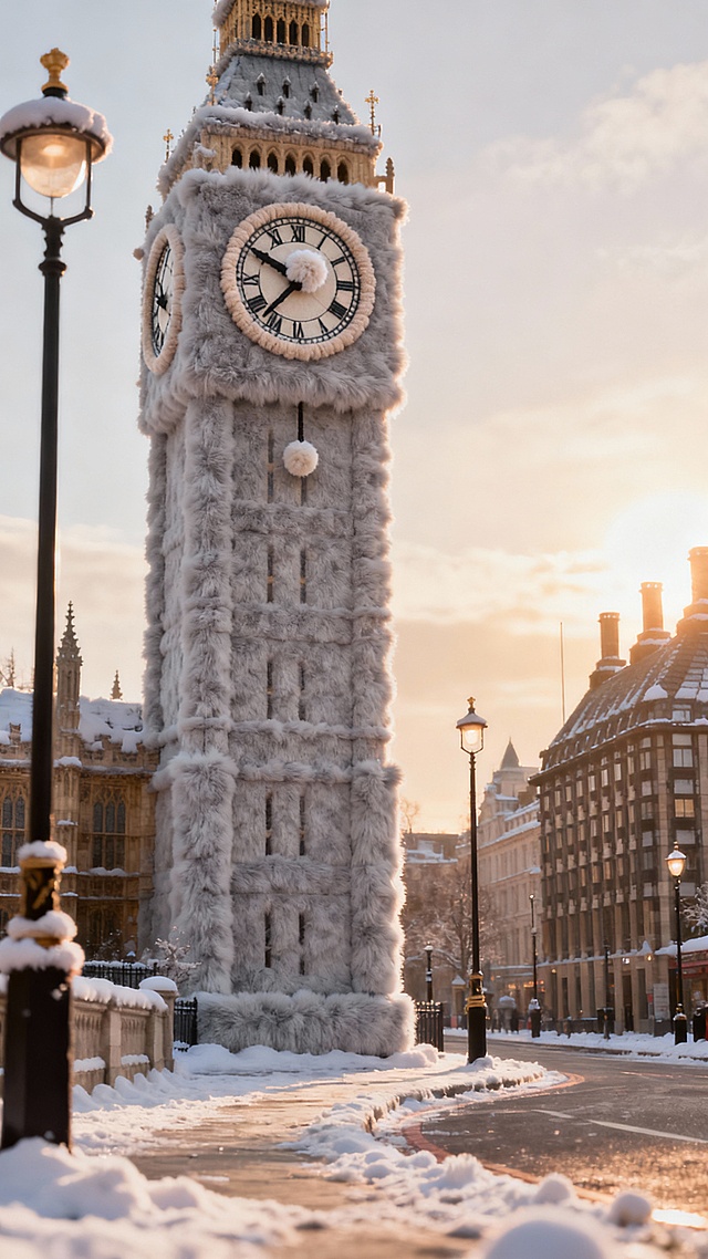 梦幻感与温馨感交织，拟人风大本钟裹上绒毛质感“毛衣”，重拟物风呈现毛发生长细节，实景感雪景映衬冬日趣味，节日氛围浓郁。