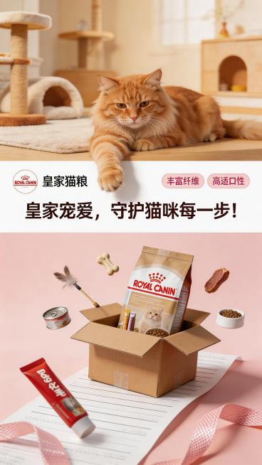 三段式结构叙事写实商业广告风海报，整体室内柔焦景深光影，光线温润真实，高级广告质感。画面上半部分是猫咪娱乐房场景，一只毛发蓬松柔软的长毛橘猫，一只前爪大幅度向下跨越界面，伸爪子去抓取底部的猫粮。画面中预览效果