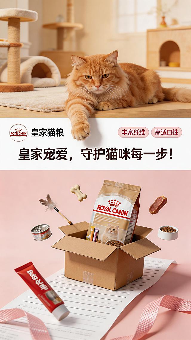 三段式结构叙事写实商业广告风海报，整体室内柔焦景深光影，光线温润真实，高级广告质感。画面上半部分是猫咪娱乐房场景，一只毛发蓬松柔软的长毛橘猫，一只前爪大幅度向下跨越界面，伸爪子去抓取底部的猫粮。画面中部是通栏的纯白简约现代风格社交媒体界面，分割上下两个真实场景，界面里有圆形皇家猫粮logo头像，用户名是皇家猫粮，文字为“皇家宠爱，守护猫咪每一步！”，右上角有淡粉色底深粉色字的“丰富纤维”“高适口性”两个标签。画面底部以浅粉色为背景，空间纵深通透干净，一张超长尺寸购物小票作为载体承托着牛皮纸材质的纸质快递箱，快递箱向镜头前方倾斜，有封箱胶带残留，箱盖完全展开外翻，箱内有一包皇家猫粮主商品呈半悬浮状态放大特写，周围环绕红狗化毛膏、猫条、猫罐头、猫咪玩具、猫粮碗、大块肉、磨牙饼干，这些物品以不同大小、不同前后景层级悬浮分布，部分前景商品放大且边缘轻微虚化，底部左右两侧各点缀一条带有编织纹理和反射效果的弧形粉色丝带。