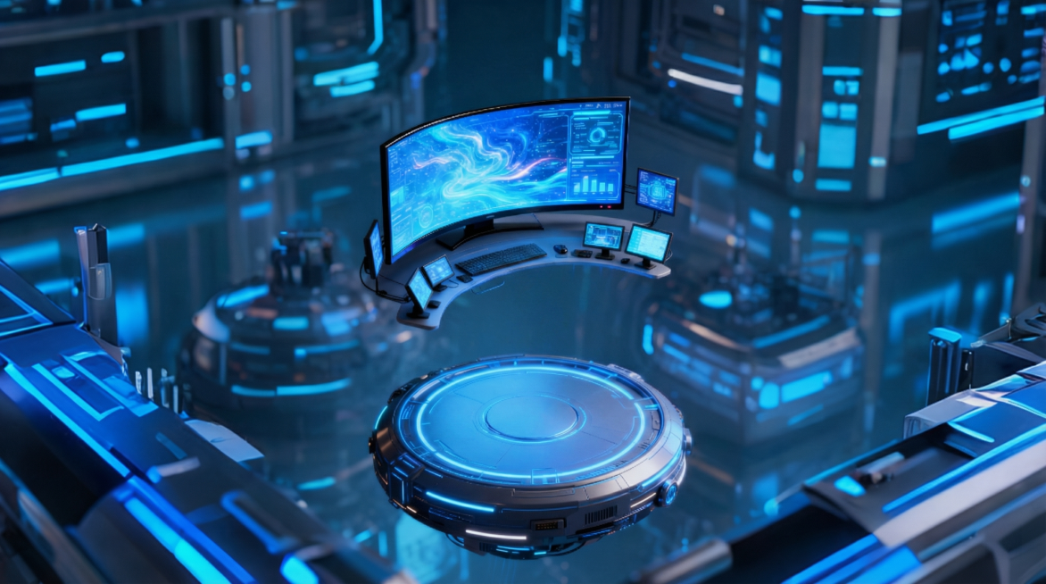移除图片中的机器人，保留原本的蓝色发光圆形平台和多屏幕操作台，保持科技感蓝色未来实验室背景风格不变，平台和操作台细节完整保留，整体风格和光影一致预览效果