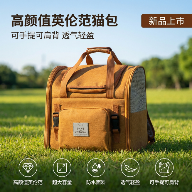 [主图 1] 焦糖色猫包双肩包户外展示首图
[主图主题] 高颜值英伦风出行猫包
[氛围/风格] 欢乐明快户外风格，明亮自然光，休闲轻松氛围
[画面元素] 焦糖色猫包双肩包居中放置在公园草坪上，背景是清预览效果