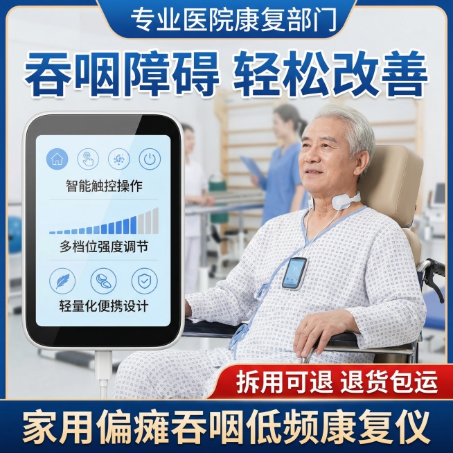 背景为专业医院康复科，展示家用偏瘫吞咽低频康复仪，模特为老年男性，佩戴仪器，画面突出“智能触控操作”“轻量化便携设计”“多档位强度调节”卖点，添加文字“吞咽障碍 轻松改善”“拆用可退 退货包运”“家用预览效果