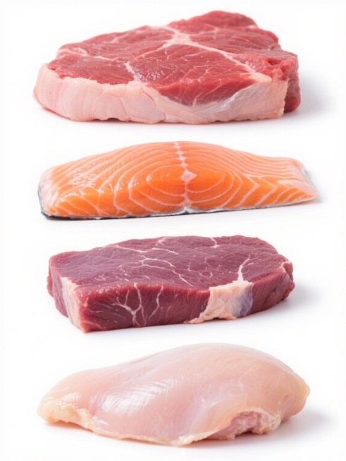 白色背景，4个规整排布的生鲜肉类素材集合，第一张为鲜红色生肉块，肉质纹理清晰，脂肪层呈淡粉色；第二张为橙红色三文鱼排，鱼肉表面有银色光泽，带有规则的白色脂肪纹路；第三张为紫红色生牛肉块，肌肉纤维分明，边缘带有少量白色筋膜；第四张为淡粉色鸡胸肉，肉质鲜嫩，表面光滑无杂质，整体风格保持写实摄影质感，色彩鲜亮自然，每个元素独立放置且大小一致，排列整齐有序。预览效果
