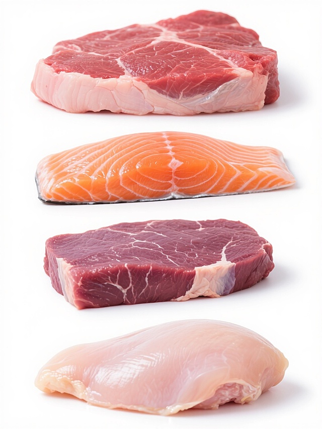 白色背景，4个规整排布的生鲜肉类素材集合，第一张为鲜红色生肉块，肉质纹理清晰，脂肪层呈淡粉色；第二张为橙红色三文鱼排，鱼肉表面有银色光泽，带有规则的白色脂肪纹路；第三张为紫红色生牛肉块，肌肉纤维分明，边缘带有少量白色筋膜；第四张为淡粉色鸡胸肉，肉质鲜嫩，表面光滑无杂质，整体风格保持写实摄影质感，色彩鲜亮自然，每个元素独立放置且大小一致，排列整齐有序。