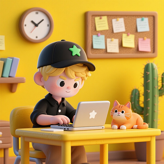 3D卡通风格，简约可爱，男孩与猫咪拟人互动，工作场景。