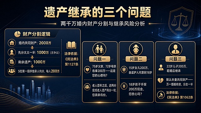 一张专业法律知识科普海报，深色系背景，深蓝近黑的渐变底色，带有微弱的几何线条和光晕效果，高端商务质感。画面采用PPT横版版式，16:9比例，排版精美，信息层次分明。

画面顶部居中是主标题区，大字号金色或白色粗体字："遗产继承的三个问题"
主标题下方是副标题，稍小字号浅灰色："两千万婚内财产分割与继承风险分析"

画面左侧上半部分是财产分割示意图区域，用简洁的信息卡片呈现：
标题"财产分割逻辑"，下方内容：
- "婚内共同财产：2000万"
- "先分太太一半：1000万（无争议）"
- "剩余遗产：1000万"
- "5位第一顺序继承人均分，每人200万"
旁边标注"法律依据：《民法典》第1127条"

画面右侧和下半部分是三个问题区域，用三个并排的深色卡片呈现，每张卡片有细微金色边框：

卡片一（左侧）：顶部标"问题一"，内容：
"75岁父亲、72岁母亲各拿200万——这是您的心愿吗？"
"老人百年之后，这两份变成老人遗产再分一轮，您弟弟有份。"

卡片二（中间）：顶部标"问题二"，内容：
"15岁女儿200万，由监护人代管到18岁"
"18岁孩子手握200万现金，您放心吗？"

卡片三（右侧）：顶部标"问题三"，内容：
"22岁儿子200万，若婚后继承"
"默认夫妻共同财产——万一婚姻有变，分走一半"
"法律依据：《民法典》第1062条"

整体风格：深色商务风，深蓝黑底色，金色和白色文字，信息卡片有细微发光效果，专业严肃有质感。画面中所有数字必须精确渲染，不得错位、遗漏或编造。画面中所有信息区域必须填充完整合理的内容，不得出现空白框。版式精美，层次分明，适合PPT演示使用。