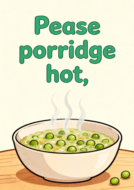 请制作A4竖版儿童卡片 1：
Pease porridge hot,
Pease porridge cold,
Pease porridge in the pot,
Nine days old.
So预览效果