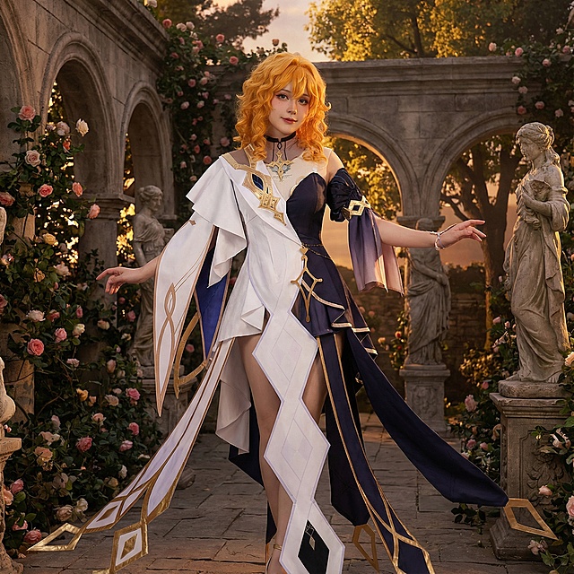 1比1保留所有细节，任意实体场景，1个20岁出头的女孩，中长且卷发型，发色橙黄，脸蛋cos甜美，肢体语言妩媚而妖，自由发挥