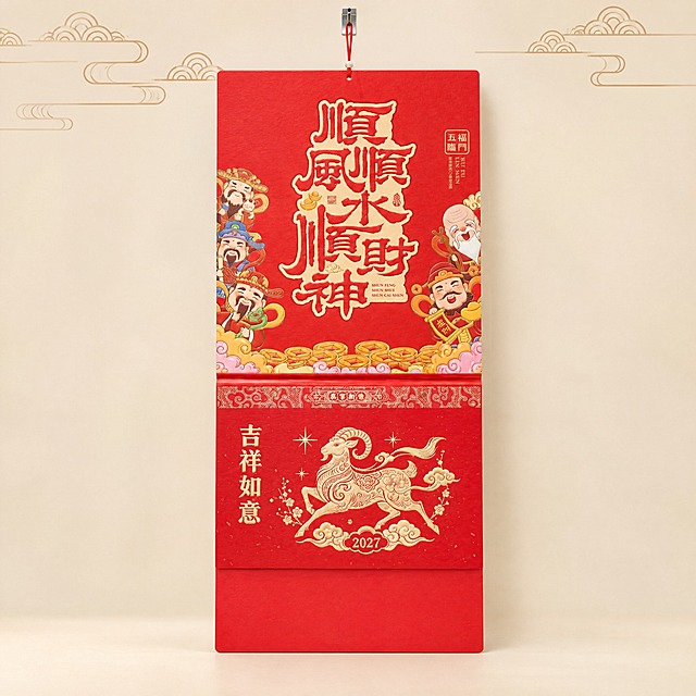 产品精修实物实拍图，挂历严格参照上传产品图，完整保留所有可见组件、部件、轮廓、结构、比例、材质、颜色与产品本体上的所有文字信息（包括封面图案、恭贺新禧装饰条、吉祥如意羊年广告位、2027字样、底部红色底座红板等全部细节），与上传图完全一致，绝不删减或改动产品本身任何部分，产品规格360*770比例保持不变。背景完全参考参考图的风格：浅米黄色新中式国潮背景，顶部有祥云纹样装饰，整体暖色调高级质感，背景干净简洁突出产品。专业商业棚拍光，5500K标准中性白光，轮廓光，体积光，曝光正确，强烈真实立体感，接地处保留干净浅淡的自然接触阴影，严禁大片投影、脏灰阴影和悬浮感，主体居中，商品完整入画不裁切，商品外轮廓视觉体量约画面65%-75%，四周均匀留白，严禁满幅铺满与贴边顶满，极致超清画质，细节清晰锐利，商业级实拍质感，保留原图真实材质与结构细节，明显提升商品表面洁净度，清理灰尘、污渍、指纹、油污、胶痕和霉点，让表面从脏旧发闷变为干净可售卖状态，修复划痕、磨损、掉漆、飞边毛刺和使用旧痕，翻新为干净商业新品感，基于原图材质恢复纹理、颗粒、折射、高光、柔韧折痕、透明边线或工艺细节，避免糊成塑料感，锁定原图商品颜色，颜色以输入图为唯一参考，分段部件颜色边界按原图锁定，还原真实物理色彩，消除灰暗感和偏色，正视图，标准透视校正，正常透视焦段，保持同类机位，画面整体比例1:1正方形构图，挂历居中放置。