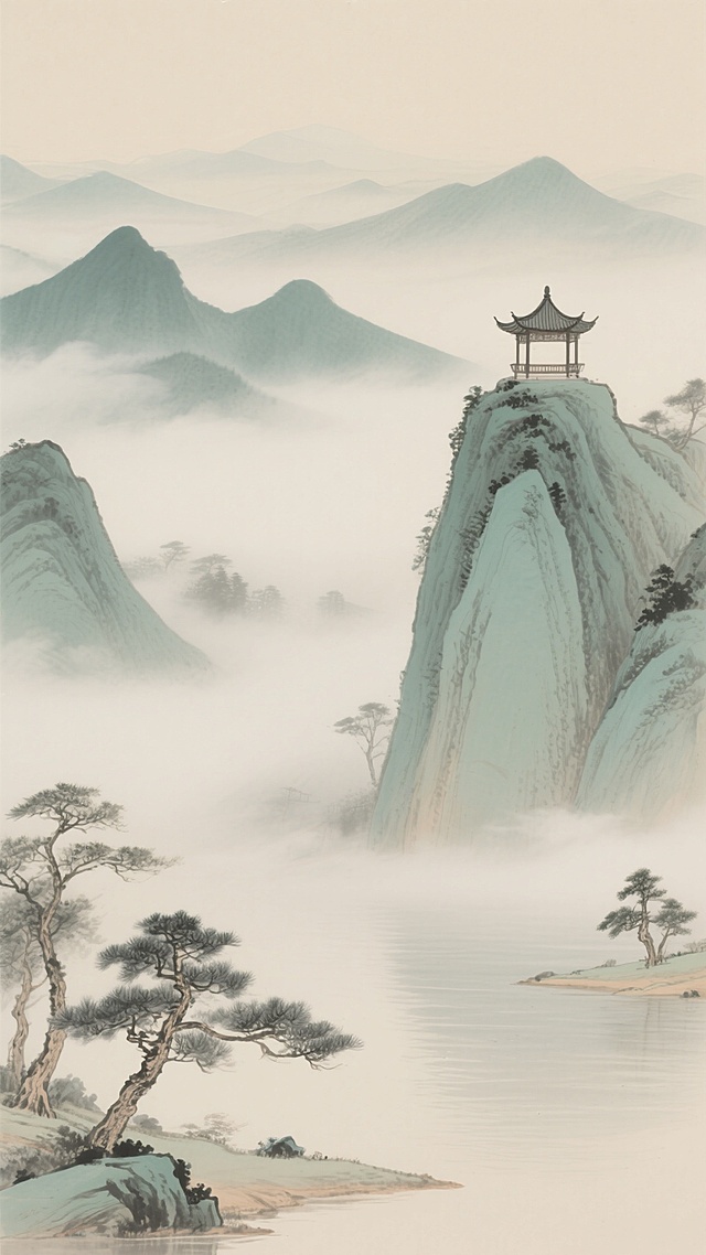 中式水墨风格山水画，以淡雅的米色和青绿色为主色调，画面干净简洁，远处山峦叠嶂，山间云雾缭绕，朦胧缥缈，右侧山顶矗立着一座古色古香的中式凉亭，近处水面平静，岸边有几株形态苍劲的松树，笔触柔和，意境悠远宁静，适合作为背景素材。