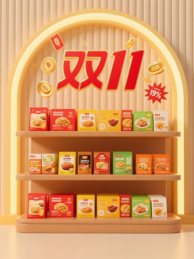 3D渲染风格的电商促销海报，暖黄色调为主，顶部弧形灯带柔和照亮，背景为米色竖条纹肌理，主体是三层浅棕色货架，每层整齐摆放各类包装食品，包装色彩丰富（红、黄、绿、橙），具有清晰的产品图片和文字信息，物品立体感强，材质细节真实，光影过渡自然，高光柔和，阴影细腻。画面顶部中央显著位置有醒目的红色“双11”字样，搭配金色促销元素如优惠券图标、折扣标签、爆炸贴等，整体视觉层级清晰，货架为视觉焦点，促销信息突出，营造热闹喜庆的购物氛围，适合电商营销传播，设计感强，信息传达高效。