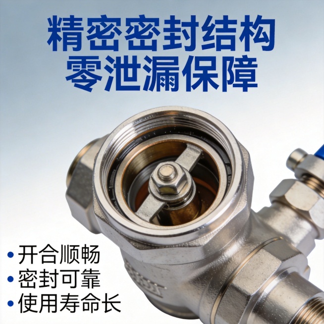 卖点详情图，标题为"精密密封结构 零泄漏保障"，大字体加粗蓝色标题，浅蓝灰色渐变背景，展示球阀内部球体密封结构特写，下方核心卖点：开合顺畅、密封可靠、使用寿命长，层级清晰预览效果