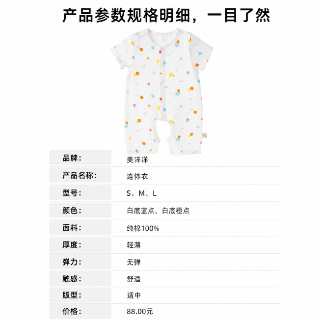 「图片1」「图片1」「图片1」「图片1」商品介绍
商品名称：连体衣
品牌：美洋洋
型号：S、M、L
颜色：白底蓝点、白底橙点
面料：纯棉100%
厚度：轻薄
弹力：无弹
触感：舒适
版型：适中
价格：预览效果