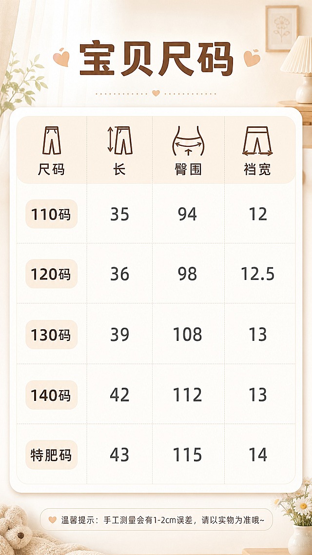 基于参考图，优化这张宝贝尺码表的视觉设计，使其更美观、易读，适配淘宝/天猫详情页9:16竖版风格。保留所有原始尺码数据：110码（长35 臀围94 裆宽12）、120码（长36 臀围98 裆宽12.5）、130码（长39 臀围108 裆宽13）、140码（长42 臀围112 裆宽13）、特肥码（长43 臀围115 裆宽14）。标题为"宝贝尺码"。采用温柔治愈系家居风格，浅米杏主色调，深暖棕标题色，中暖灰正文色，圆角浅底信息卡样式，排版清晰规整，手机端可读。