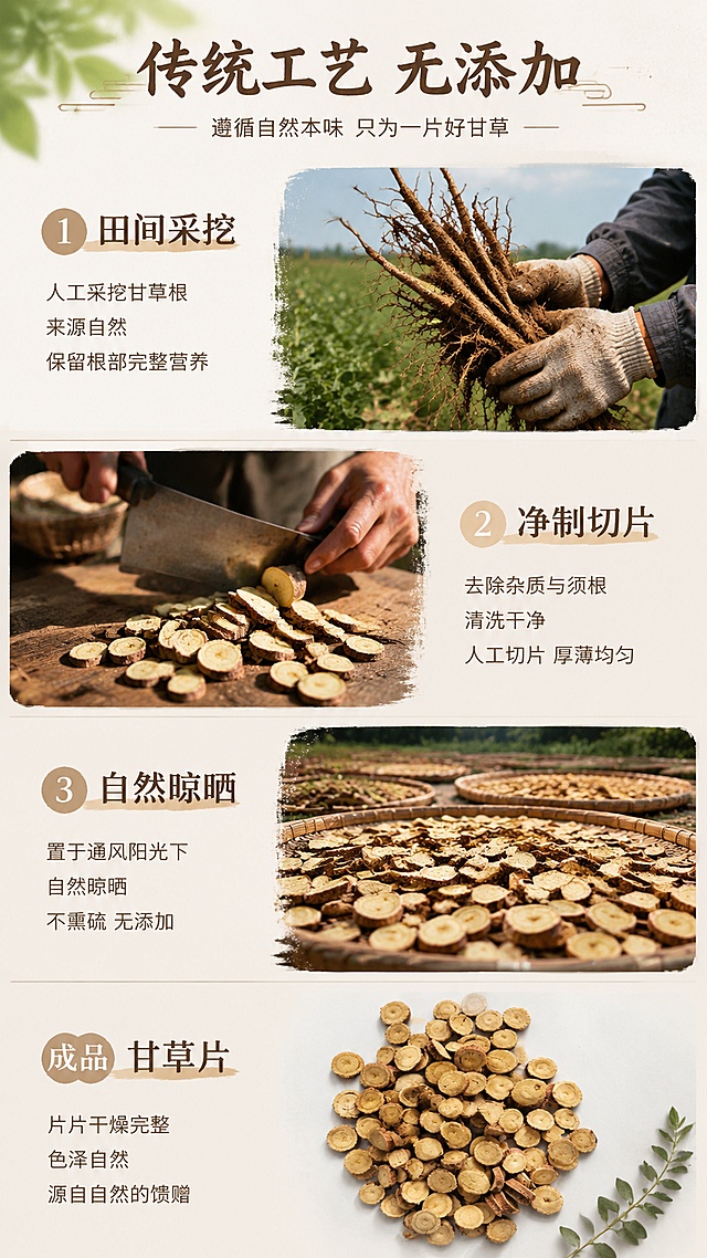 [第4屏] 工艺讲解页-自然晾晒无添加制作过程。本屏使用【图1】作为成品展示。
[氛围/风格] 自然质朴风格，农耕场景氛围，真实朴实，干净清晰。
[元素布局] 三步骤竖式排版，每个步骤配示意图和文字：1田间采挖→2净制切片→3自然晾晒，最后一格展示成品甘草片。整体流程清晰，产品外观与输入图一致。
[光影质感] 自然户外光影，通透干净，每个步骤都明亮清晰。
[配色色系] 全局底色 #F3EEE2；主色土地棕黄色；辅助色浅绿植物色、深棕色文字。
[视角构图] 竖式步骤流程图，从上到下递进展示，阅读动线流畅。
[文字版式] 顶部主标题「传统工艺 无添加」，每个步骤配标题说明，字体清晰，步骤编号明确，不遮挡主要展示内容。
[比例分辨率] 9:16 竖版比例，4K分辨率，文字清晰可辨，高清画质。
[负向提示词] 虚假场景，产品变形，颜色错误，文字模糊，过度修饰，失去产品本真