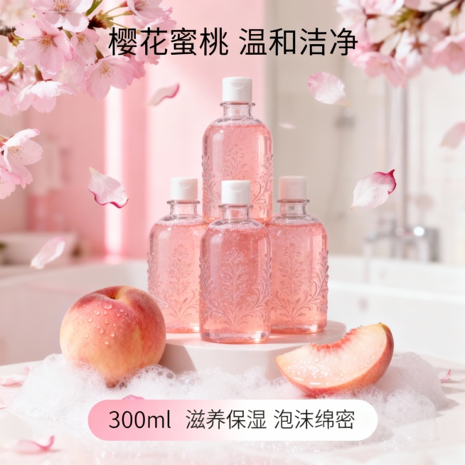 多瓶樱花蜜桃沐浴露堆叠在展台上，背景为虚化浴室，柔粉光。卖点 “樱花蜜桃 温和洁净”。下方粉白渐变文本框，展示 “300ml 滋养保湿 泡沫绵密”。预览效果