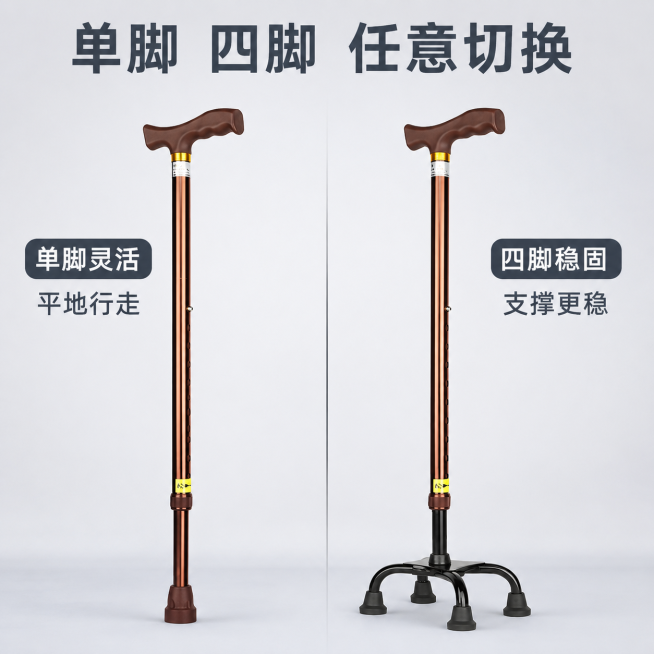 [主图-4] 单脚四脚切换功能展示
[氛围风格] 结构清晰，功能直观
[画质] 商业摄影质感、光线柔和通透、产品清晰真实、画面干净高级
[元素] 保持拐杖产品外观（物理结构、材质质感、颜色）与输入产品预览效果