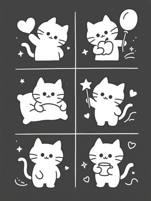 简笔画风格，六只不同造型的小猫，每只小猫都有圆润的头部和身体，大大的眼睛，简单的线条勾勒出细节，姿态各异：一只举着爱心，一只抱着苹果，一只拿着气球，一只抱着枕头，一只挥舞星星棒，一只捧着杯子，周围点缀着小星星、爱心和线条装饰，整体构图采用九宫格布局，线条简洁流畅，可爱治愈，无文字元素。预览效果