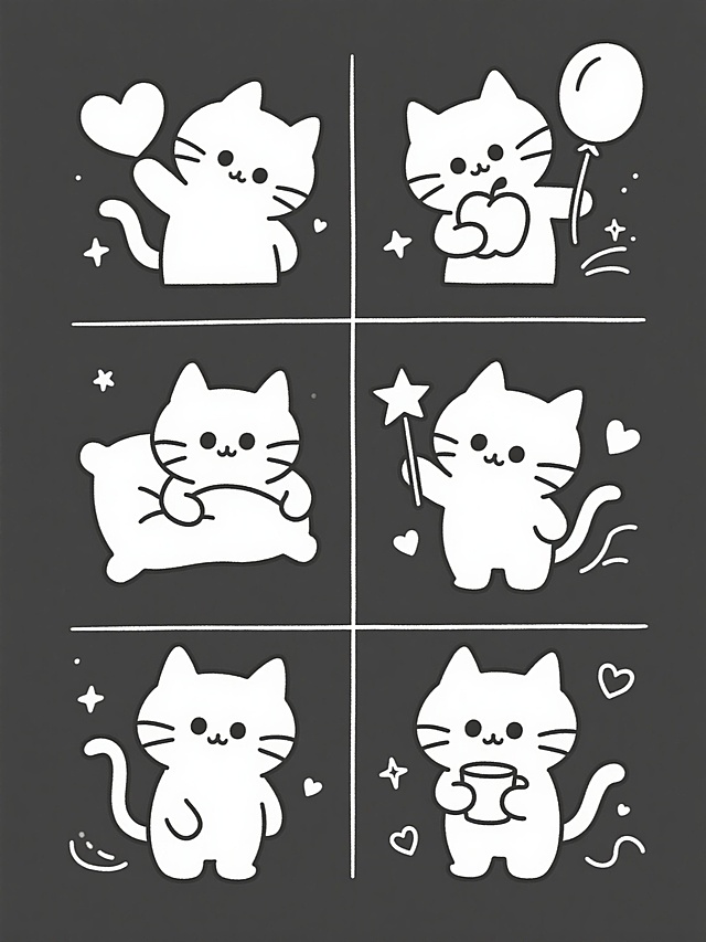 简笔画风格，六只不同造型的小猫，每只小猫都有圆润的头部和身体，大大的眼睛，简单的线条勾勒出细节，姿态各异：一只举着爱心，一只抱着苹果，一只拿着气球，一只抱着枕头，一只挥舞星星棒，一只捧着杯子，周围点缀着小星星、爱心和线条装饰，整体构图采用九宫格布局，线条简洁流畅，可爱治愈，无文字元素。