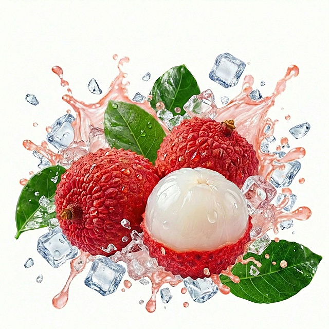 水果和果汁周围陪衬些冰块、飞溅的冰块，冰块数量参考图片2的冰块，冰块不要太多，水果和果汁颜色高清晰不变，纯白色背景悬空，图像完整高清晰大图