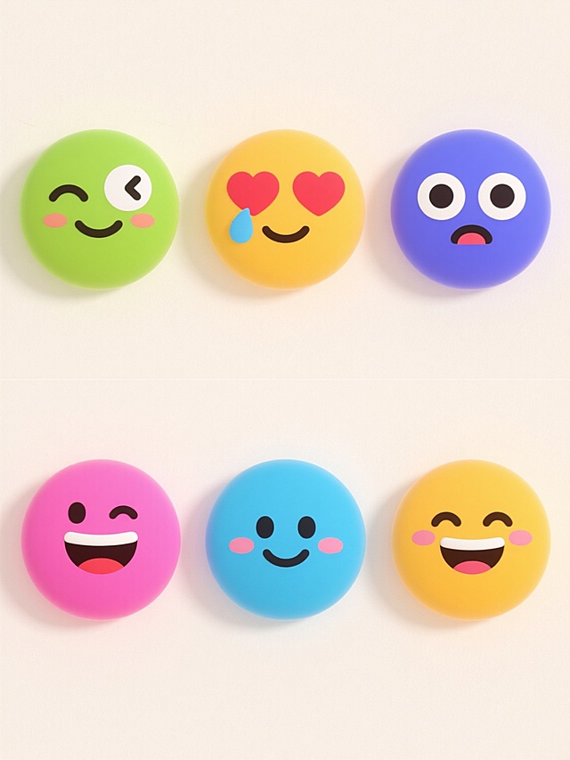 6个不同配色、不同样式、不同神态的emoji表情元素，采用圆形卡通风格，每个表情具有独特的面部特征和情感表达，如眨眼、微笑、流泪、爱心眼等，色彩鲜明且多样化，排列在浅色背景上，呈上下两行对齐布局，整体视觉简洁明快，表情生动形象，无文字和二维码元素。