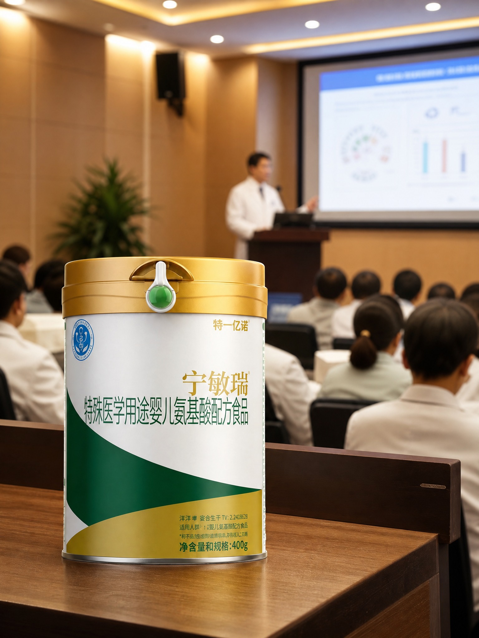 专家讲座现场摄影图，前景是宁敏瑞特殊医学用途婴儿氨基酸配方食品… - 图片创意预览