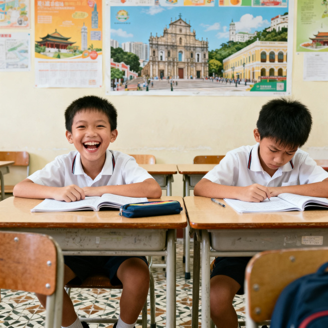 两个澳门小学生小男生在学习，一个表现得很开心，另一个显得不开心，澳门教室环境，真实日常风格，光线自然预览效果