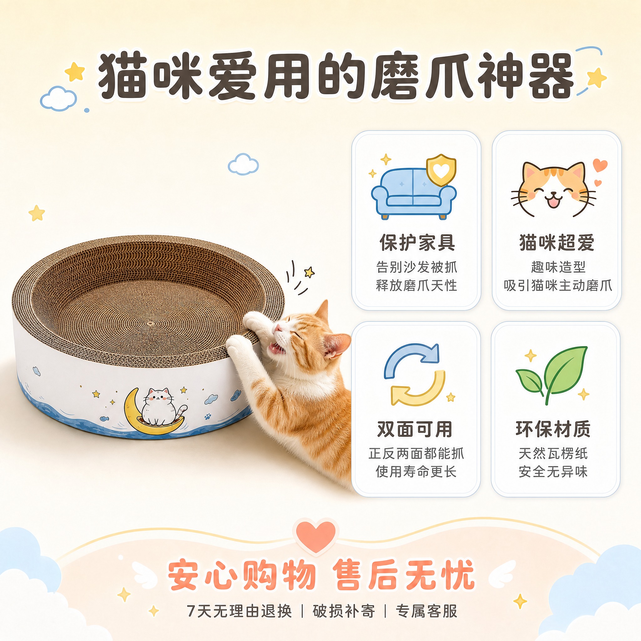 [主图-5替换] 月亮船圆形猫抓板窝 卖点功能图 核心任务是展… - 图片创意预览