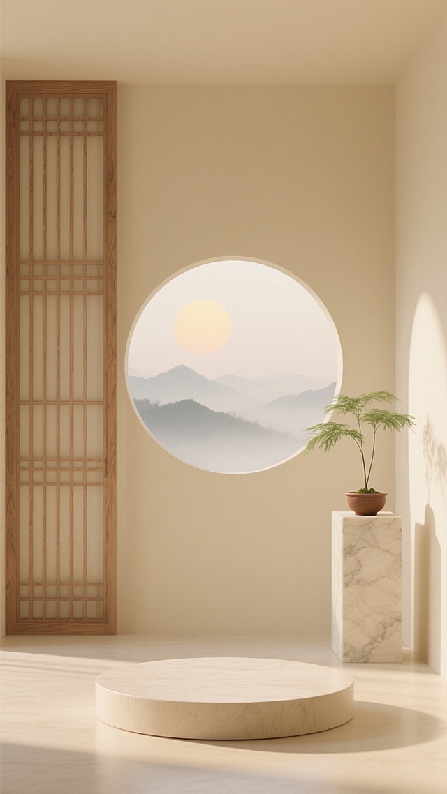 中国风极简主义室内场景，柔和的米黄色调，左侧是木质格栅门，中央有一个圆形拱门，透过拱门可见远处的朦胧山脉和一轮柔和的太阳，右侧是一个浅色大理石材质的方形柱子，柱子顶部放置着一个棕色小花盆，里面有一株绿色的细长植物，前景中央是一个圆形的浅色展示台，整体光线明亮柔和，营造出宁静、禅意、简约的东方美学氛围，3D渲染，光滑的材质表现，干净的构图，高饱和度低对比度，温暖的自然光源从左侧照射进来，形成柔和的阴影，空间感强，留白恰到好处。