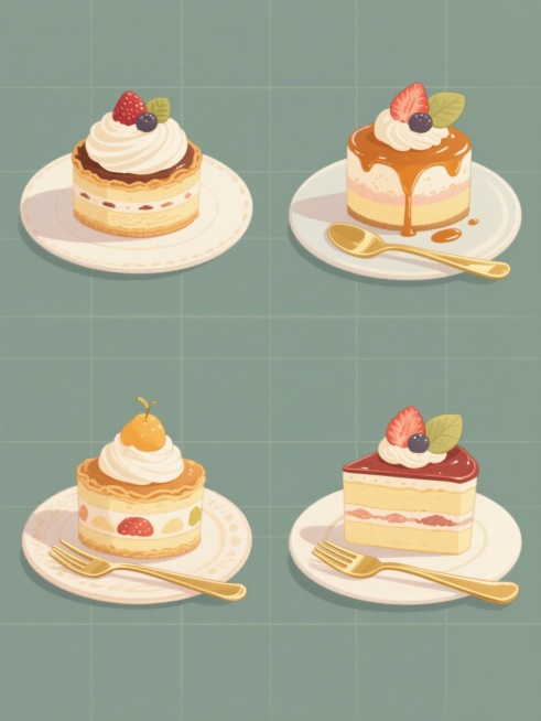 四个不同的精致甜点插画在纯色背景上以规整网格排布的系列素材集合，保持原图的日系插画风格，画面整体色彩变换为四种不同色调，每个甜点都有细腻的奶油质感、层次分明的酥皮层、新鲜水果装饰和酱汁点缀，搭配金色餐具，光影柔和，笔触流畅，氛围温馨治愈。预览效果