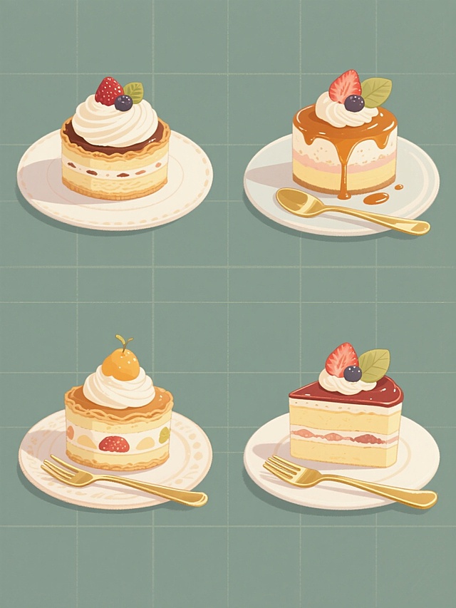 四个不同的精致甜点插画在纯色背景上以规整网格排布的系列素材集合，保持原图的日系插画风格，画面整体色彩变换为四种不同色调，每个甜点都有细腻的奶油质感、层次分明的酥皮层、新鲜水果装饰和酱汁点缀，搭配金色餐具，光影柔和，笔触流畅，氛围温馨治愈。