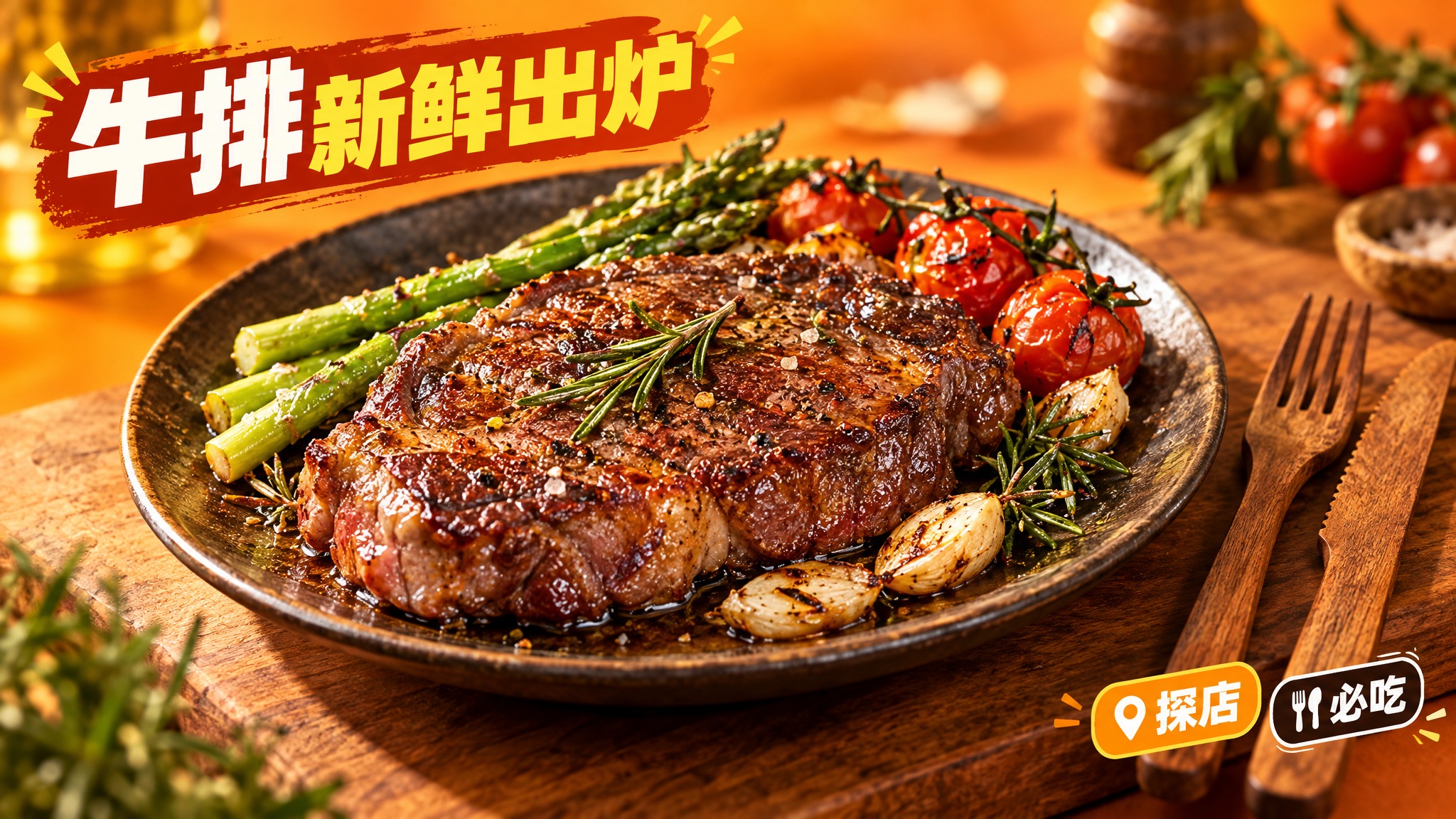 活力美食风格，暖橙色背景，中心是一盘色泽诱人的牛排，搭配新鲜的… - 图片创意预览