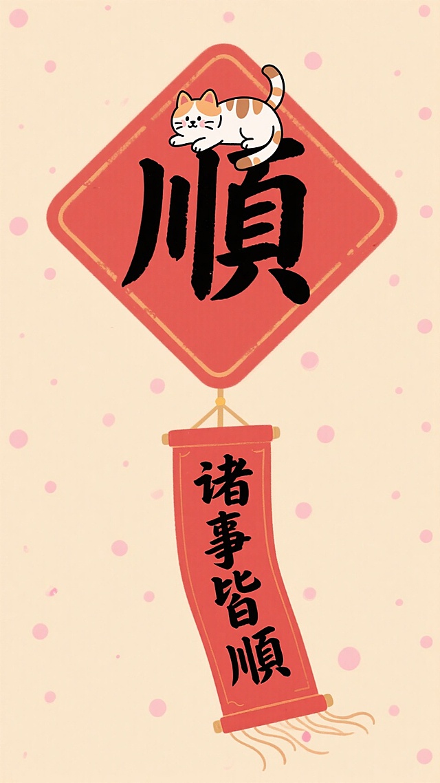 国潮风插画，剪纸质感红菱形挂饰，大字“顺”配萌猫，垂挂卷轴书“诸事皆顺”，喜庆可爱，节日氛围浓厚。