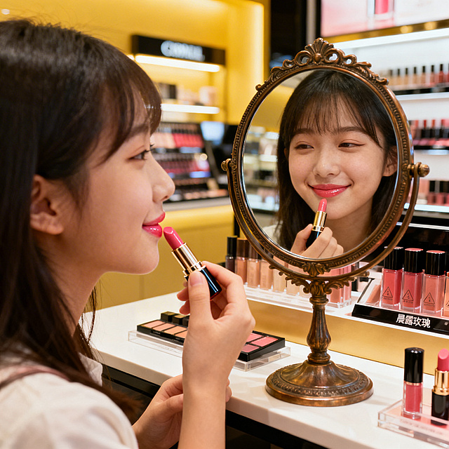 女孩坐在彩妆店试妆台前，旋开一支口红，膏体质地丝滑带着淡淡花果香，她对着圆形复古化妆镜仔细涂上"晨露玫瑰"色，双唇呈现自然粉嫩玫瑰色，带着细腻光泽，气色被瞬间点亮，温柔又元气，女孩看着镜子里的自己抿嘴微笑，眼睛弯成月牙，氛围温馨美好
