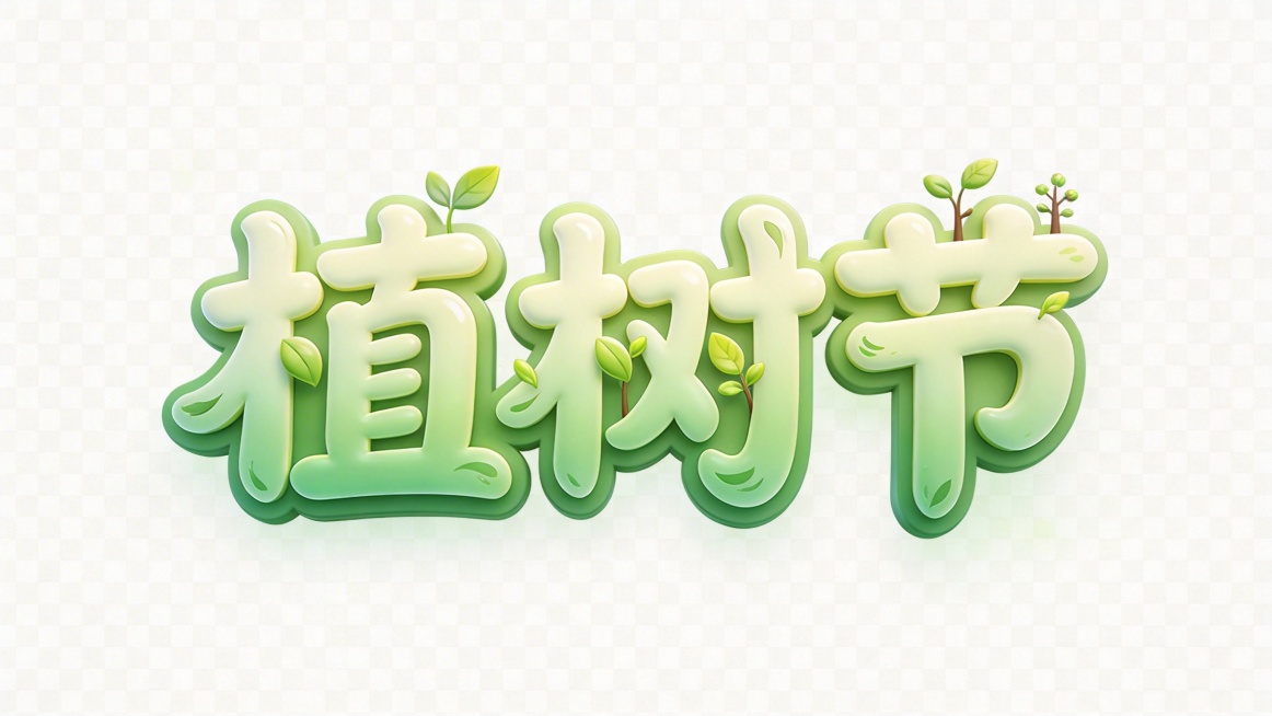 透明背景PNG格式。3D立体艺术字体设计，三个字"植树节"，所有文字单行横向排列，清新自然风，绿色系柔和渐变材质，字体融入树叶、嫩芽、树苗等自然元素作为装饰，装饰元素与字体结构结合自然，不遮挡文字核心预览效果
